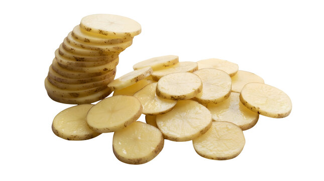 A neat vertical stack of thin, evenly cut raw potato slices stands beside a scattered pile of moist, pale yellowish rounds with brown skin edges, isolated together against a plain white background