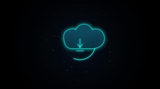 Neon blue cloud download icon pulsing on a dark digital background