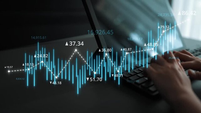 Stock market analysis with candlestick chart and price movement trend line, highlighting global financial trends, stock trading, and investment strategy insights Marrow
