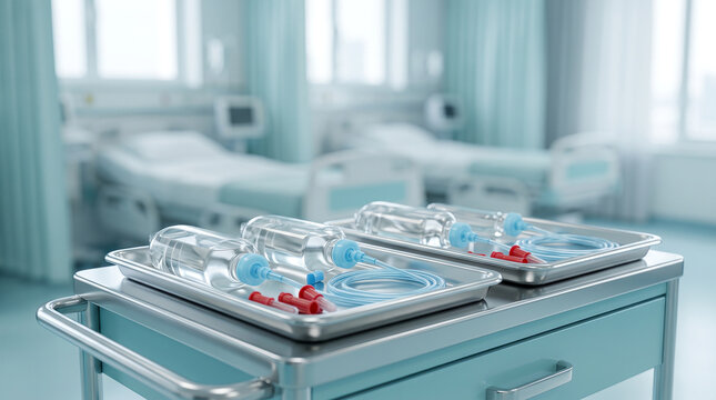Intravenous saline solution bottles on metal tray within empty hospital ward.