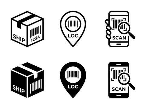 Barcode scan logistics icon set, shipping box parcel delivery symbols, package location tracking pin graphics, smartphone scanner vector linear icons