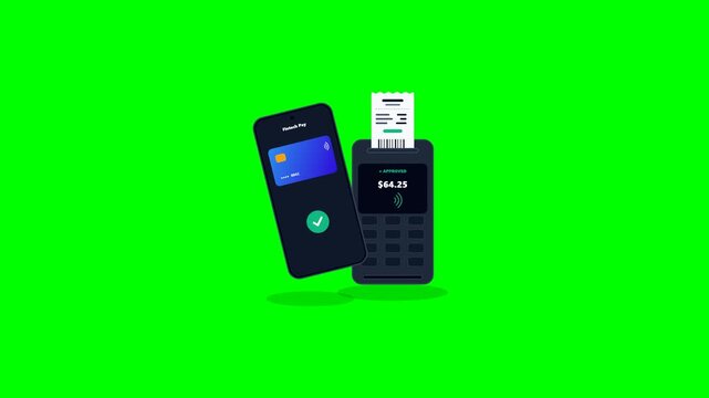 Mobile NFC payment terminal contactless transaction unrolling digital receipt for fintech e-commerce promo.