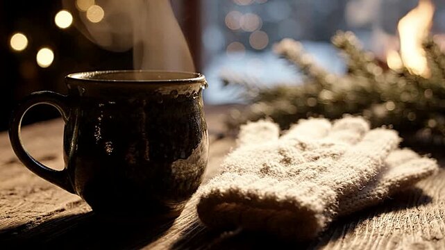 Steaming hot coffee mug sitting beside knitted winter mittens on rustic wooden table video footage