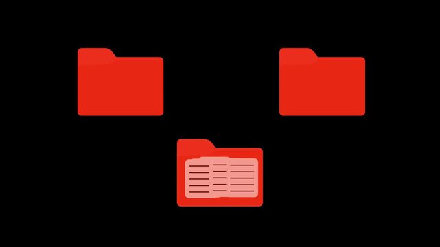 Animated red folder directory icon with transferring document file pages lower third graphic overlay for video editing