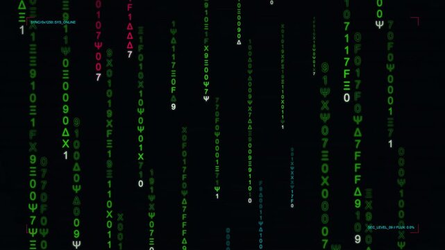 Digital Code Stream Animation with Falling Binary Numbers, Looping Motion Graphics, Abstract Technology Background.