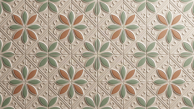 Vintage ceramic tile pattern with floral motifs in sage green and terracotta