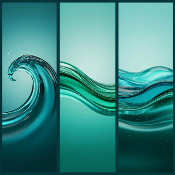 Three vertical panels featuring flowing liquid water waves in shades of teal and cyan blue