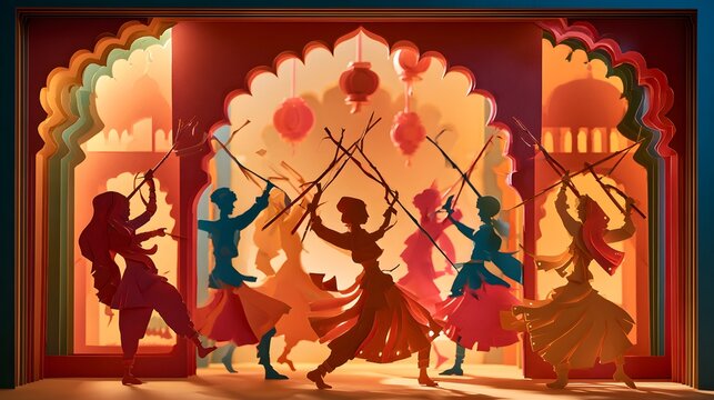 Paper cut art style illustration of traditional indian folk dancers performing dandiya raas in a festive setting