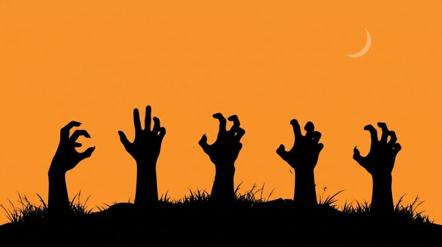 Creepy zombie hands rising from graveyard earth silhouette under orange night sky with moon