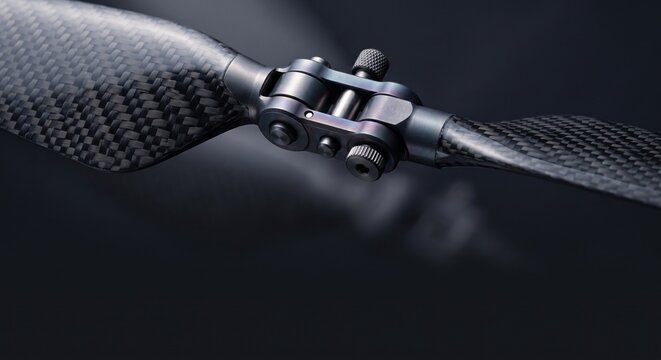 Extreme macro close-up of a carbon-fiber drone propeller blade locking mechanism and precision titanium joints