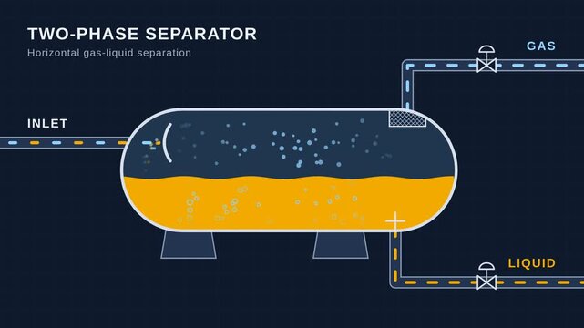 Two-phase separator animation, horizontal gas liquid separation process flow cutaway, seamless loop