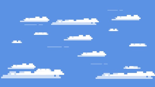 Animated pixel art white clouds drifting across a blue sky background