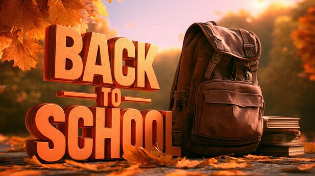 Back to School backpack with autumn leaves and books on wooden surface