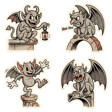 Halloween Vintage gargoyle stickers with grey stone textures for spooky decoration projects