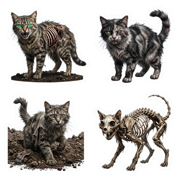 Zombie cat sticker set with spooky undead felines for scary halloween decorations