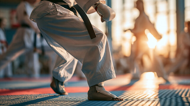 Taekwondo training in sport hall with tatami. Taekwondo is equally popular sport among girls and boys, young men and women. Sport develops physique and strength on lower and upper limbs equally.