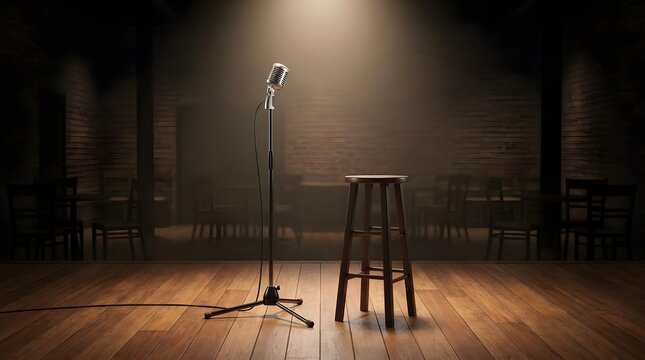 Open Mic Night Stage with Single Stool and Microphone