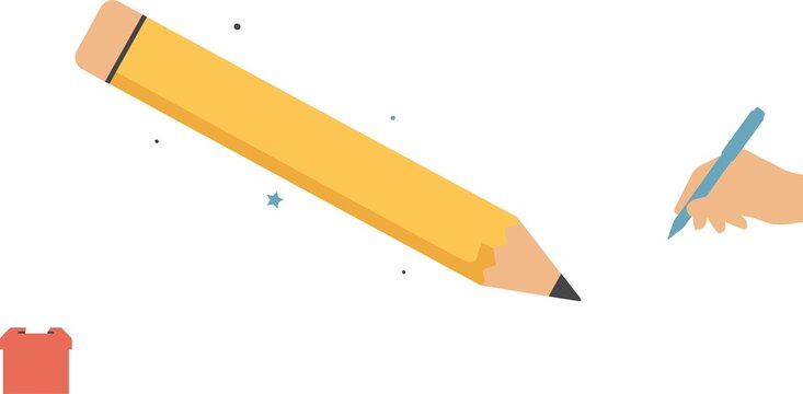 Yellow graphite pencil with a small blue pen and eraser tools.