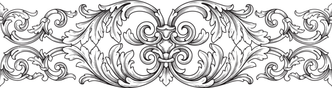 Continuous horizontal decorative border pattern featuring repeating acanthus leaf scrolls and floral motifs in baroque style on white