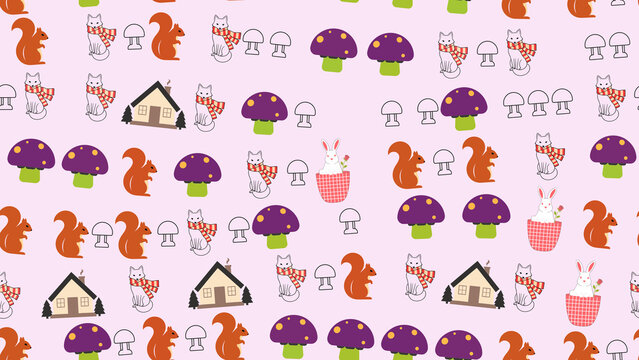 Cute Woodland Animals and Objects Pattern