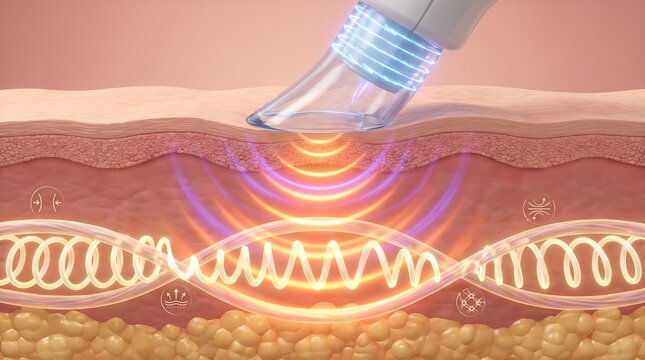 3D medical visualization showing facial skin receiving ultraformer treatment, focused energy waves penetrating deeper layers, stimulating collagen, tightening tissue, lifting contours