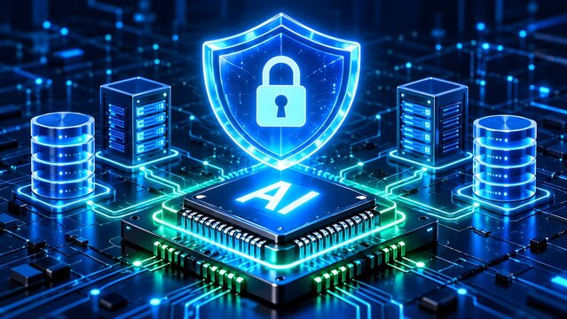 Cybersecurity concept featuring artificial intelligence processor protected by glowing digital shield and secure data servers