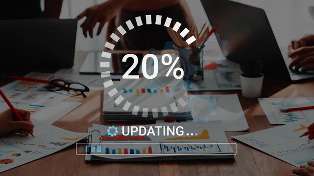Progress Loading Graphic with Office Workspace Background Featuring Charts, Laptops, and Hands Engaging in Data Analysis. Entropy.
