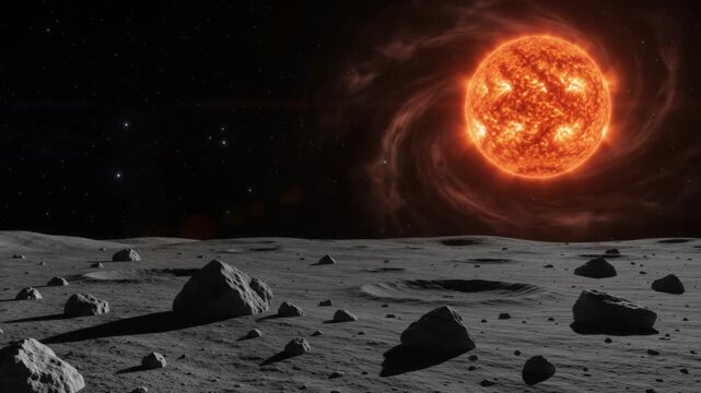 Fiery Sun Rising Over a Barren Lunar Landscape