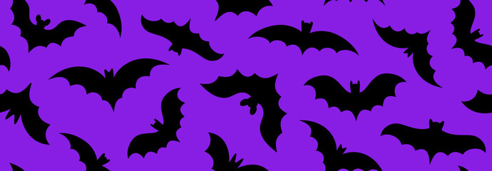 Naklejka na ściany i meble Seamless Halloween bats pattern. Spooky flying bat silhouette background. Repeated print design for wrapping paper, fabric, textile, holiday decoration. Helloween repeating wallpaper. Vector
