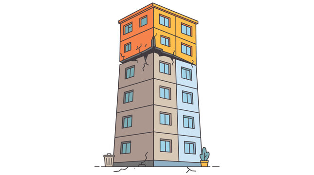 Cartoon illustration of a dangerously unstable, multi-story building with visible cracks and a leaning top, symbolizing structural weakness and potential collapse.