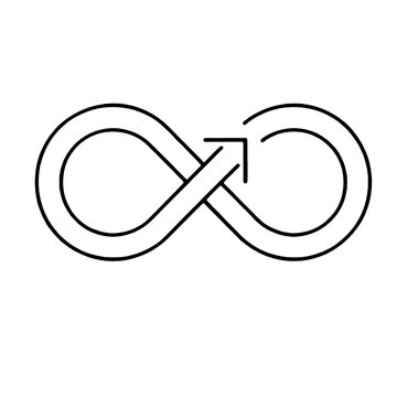 black and white outline vector design featuring an infinity loop symbol integrated with an upward directional arrow. Excellent for continuous improvement concepts, recycling, business growth