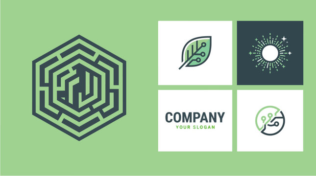 Flat Illustration Set with Hexagonal Maze Pattern and Company Branding Elements
