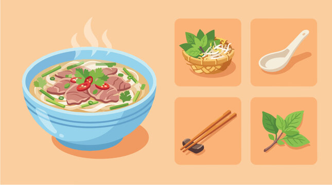 Flat Illustration Asian Noodle Soup with Chopsticks and Fresh Herbs