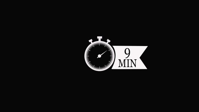 9 Min arrow clock icon animation on transparent background with alpha channel. Timer 9 minutes countdown clock with circular arrow. 