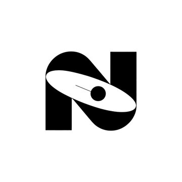 black and white vector logo featuring the letter 'N' intersected by an orbiting planet or ring system with a central core.