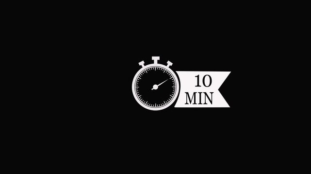 10 Min arrow clock icon animation on transparent background with alpha channel. Timer 10 minutes countdown clock with circular arrow. 