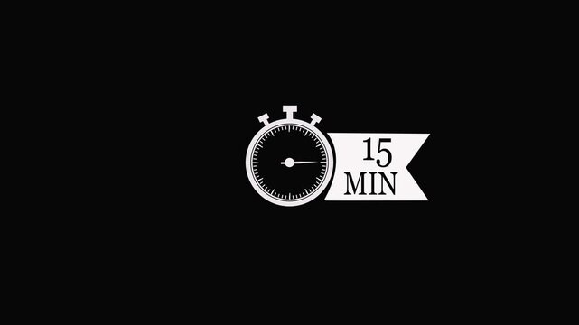 15 Min arrow clock icon animation on transparent background with alpha channel. Timer 15 minutes countdown clock with circular arrow. 