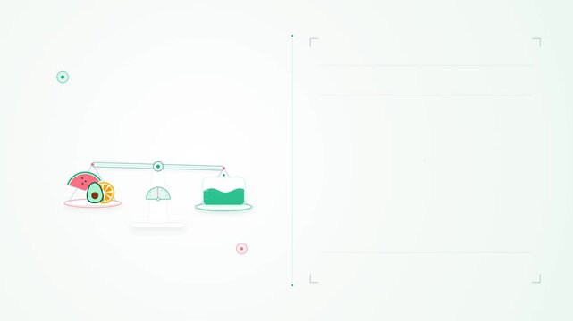 4K 2D flat modern vector animation of a healthy fruit nutrition balance scale and hydration wave infographic with clean right copy space.