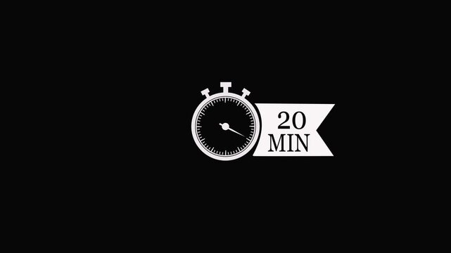 20 Min arrow clock icon animation on transparent background with alpha channel. Timer 20 minutes countdown clock with circular arrow. 