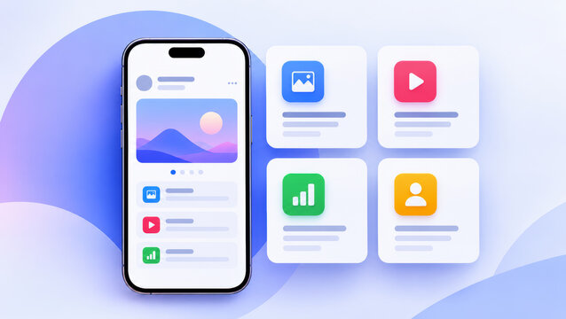 Mobile phone interface showcasing social media app with colorful photo and video content cards.