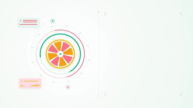 4K 2D flat modern vector animation of a healthy fruit nutrition radial dial infographic with rotating metric rings and clean right copy space.
