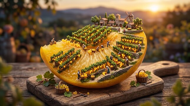 A miniature village and workers are situated on a section of citrus fruit
