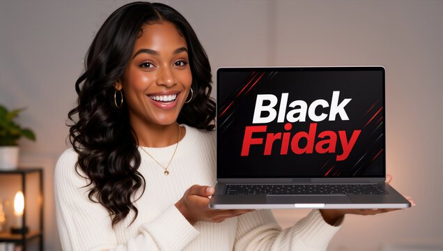 Smiling Black woman holding a laptop showing Black Friday sale on screen. Happy female presenting online shopping deals. E-commerce and digital retail concept