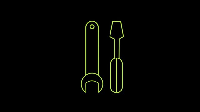 Glowing neon Crossed screwdriver and wrench tools icon animation on black background. Service tool symbol.