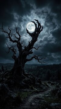 Gothic twisted tree branch resembling giant claw catching glowing moon