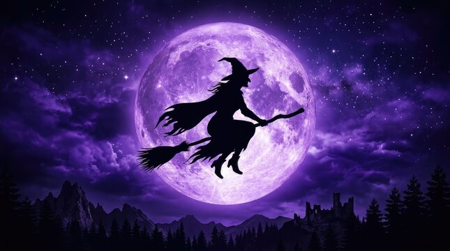 Witch silhouette flying on a broomstick across a glowing full moon with mystical