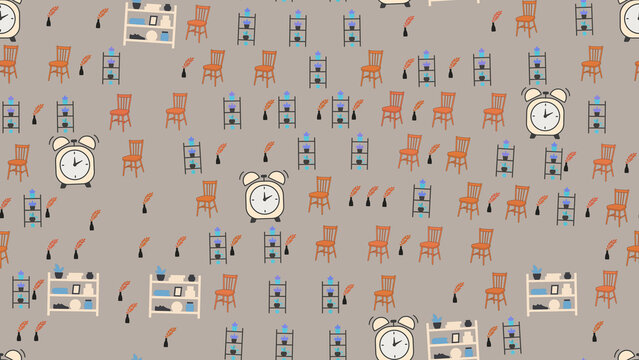 Seamless pattern of chairs, shelves, and alarm clocks