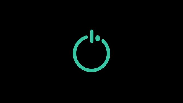 Glowing neon power button icon animation, shutdown screen turn on off button switch stop start closed button sign symbol on black background.