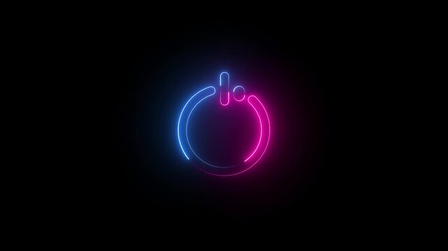 Glowing neon power button icon animation, shutdown screen turn on off button switch stop start closed button sign symbol on black background.