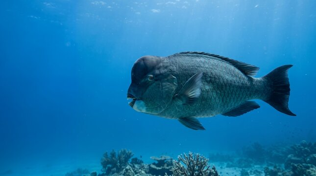An adult Humphead Parrotfish swimming through clear tropical ocean water with its distinctive massive forehead clearly visible in profile.